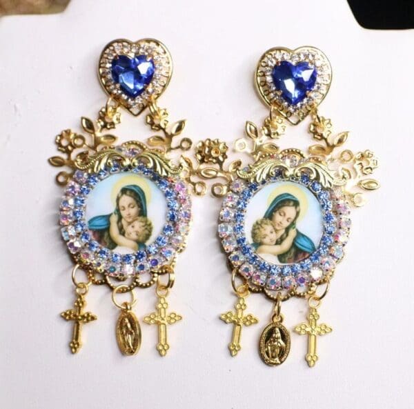 SOLD! 5064 Virgin Mary Madonna Blue Rhinestone Earrings Studs - Image 2