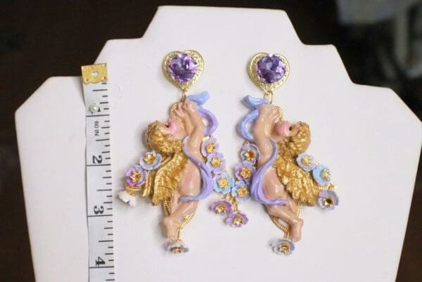 SOLD! 5070 Faced Cherubs Angels Lavender Earrings Studs - Image 2