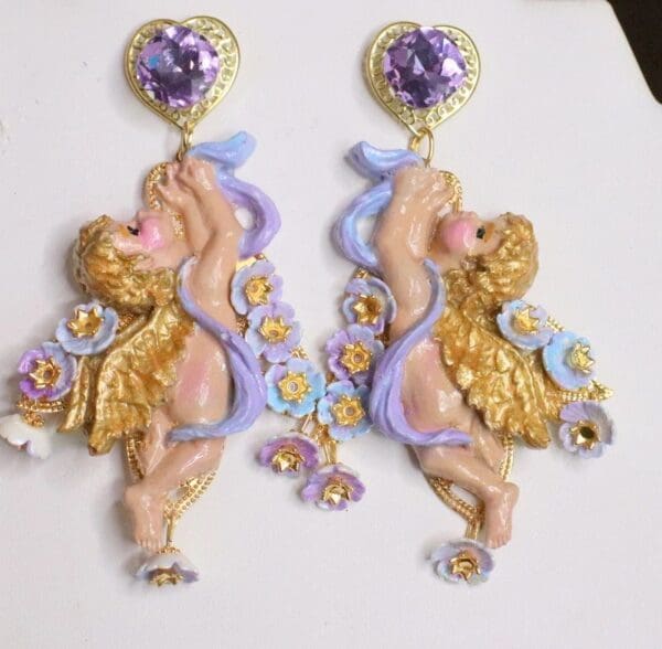 SOLD! 5070 Faced Cherubs Angels Lavender Earrings Studs - Image 3