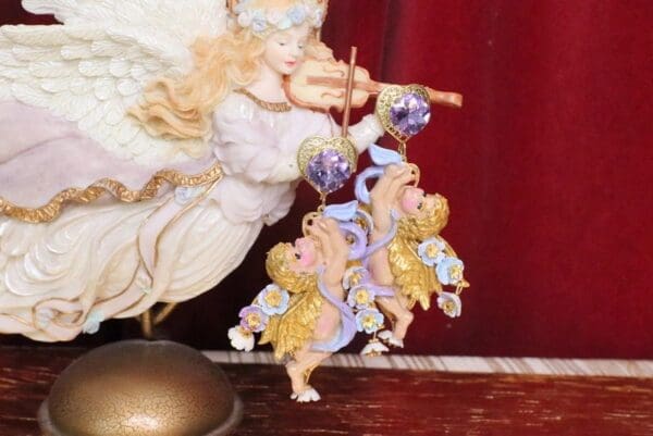 SOLD! 5070 Faced Cherubs Angels Lavender Earrings Studs - Image 4