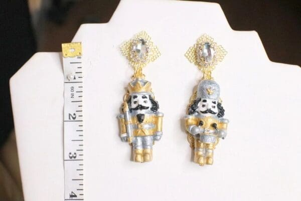 SOLD! 5072 Nutcracker Silver Gold Irregular Hand Painted Earrings Studs - Image 2