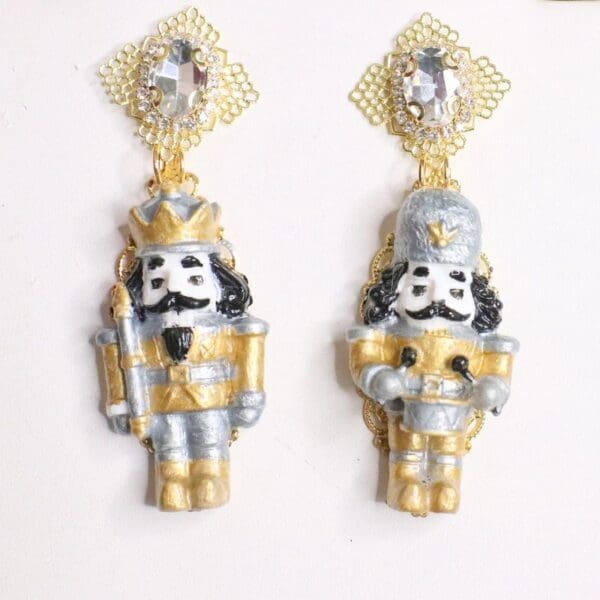 SOLD! 5072 Nutcracker Silver Gold Irregular Hand Painted Earrings Studs - Image 3