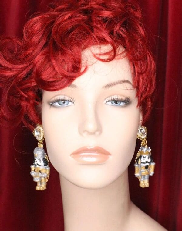SOLD! 5072 Nutcracker Silver Gold Irregular Hand Painted Earrings Studs - Image 6