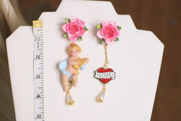 SOLD! 5073 Irregular Baroque Musical Cherub Angel Heart Earrings Studs - Image 2