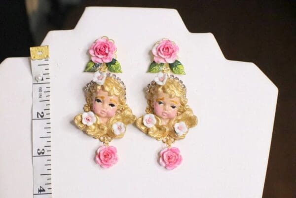 SOLD! 5074 Baroque Hand Painted Cherub Angel Roses Earrings Studs - Image 2