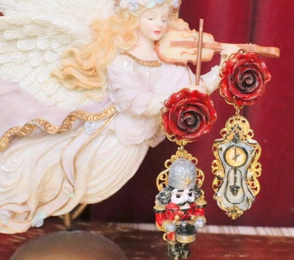 SOLD! 5083 Nutcracker Clock Silver Red Irregular Hand Painted Earrings Studs - Image 2