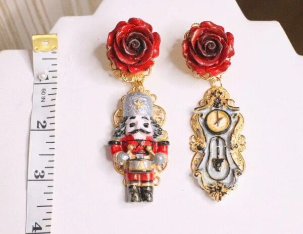 SOLD! 5083 Nutcracker Clock Silver Red Irregular Hand Painted Earrings Studs - Image 6