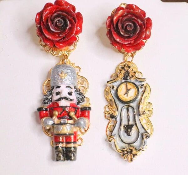 SOLD! 5083 Nutcracker Clock Silver Red Irregular Hand Painted Earrings Studs