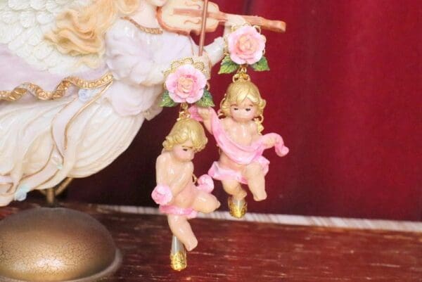 SOLD! 5088 Baroque Hand Painted Cherub Angel Irregular Roses Earrings Studs - Image 6