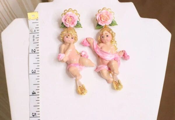 SOLD! 5088 Baroque Hand Painted Cherub Angel Irregular Roses Earrings Studs - Image 7