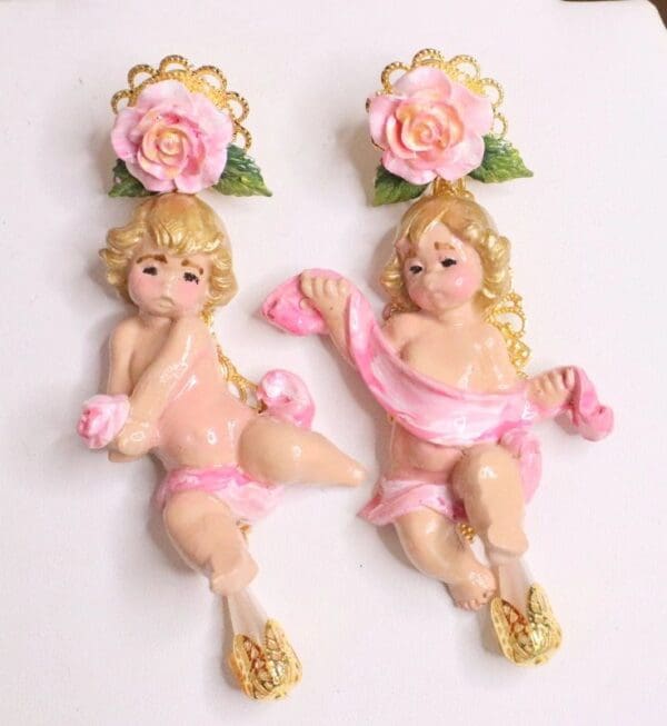 SOLD! 5088 Baroque Hand Painted Cherub Angel Irregular Roses Earrings Studs - Image 8