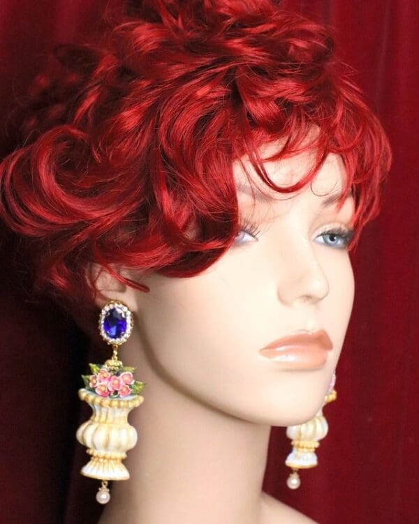 SOLD! 5097 Baroque Vase Hand Painted Flower Blue Rhinestone Earrings Studs - Image 5