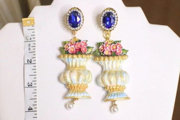 SOLD! 5097 Baroque Vase Hand Painted Flower Blue Rhinestone Earrings Studs - Image 6