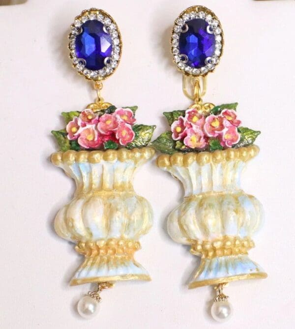 SOLD! 5097 Baroque Vase Hand Painted Flower Blue Rhinestone Earrings Studs - Image 7