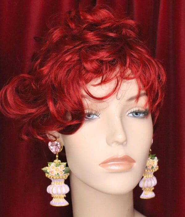 SOLD! 5098 Baroque Vase Hand Painted Flower Pink Rhinestone Earrings Studs - Image 3