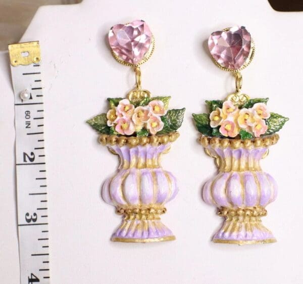 SOLD! 5098 Baroque Vase Hand Painted Flower Pink Rhinestone Earrings Studs - Image 6