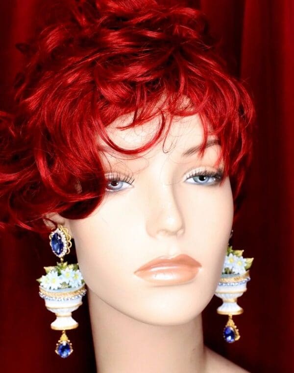 SOLD! 5111 Baroque Vase Hand Painted Flower Blue Rhinestone Earrings Studs - Image 3