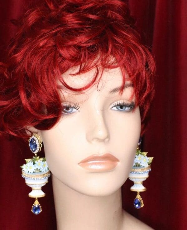 SOLD! 5111 Baroque Vase Hand Painted Flower Blue Rhinestone Earrings Studs - Image 4