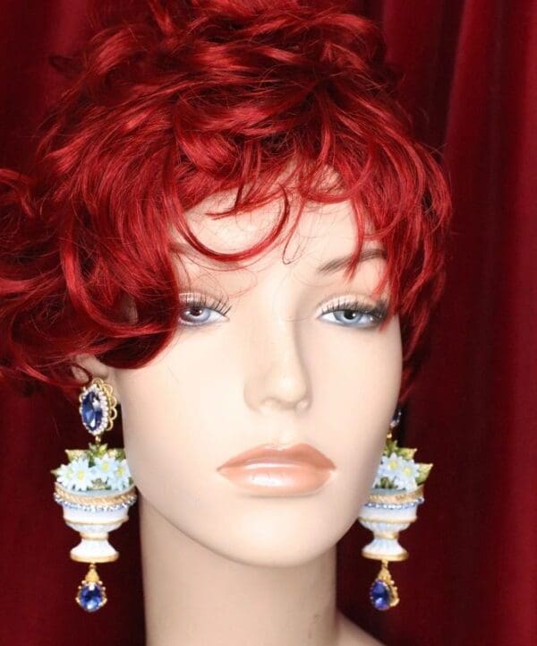 SOLD! 5111 Baroque Vase Hand Painted Flower Blue Rhinestone Earrings Studs - Image 5