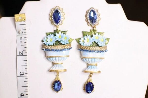SOLD! 5111 Baroque Vase Hand Painted Flower Blue Rhinestone Earrings Studs - Image 7