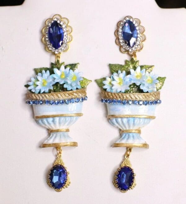 SOLD! 5111 Baroque Vase Hand Painted Flower Blue Rhinestone Earrings Studs - Image 8