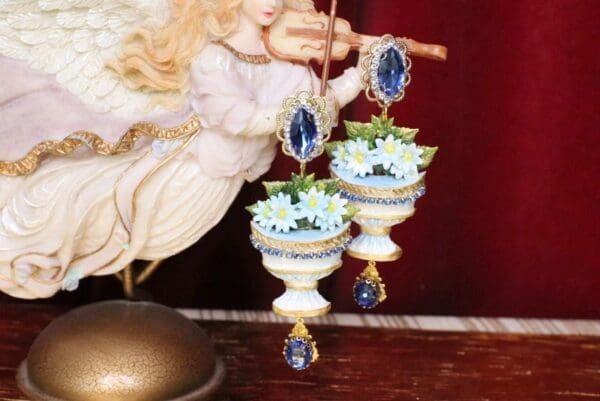 SOLD! 5111 Baroque Vase Hand Painted Flower Blue Rhinestone Earrings Studs - Image 9