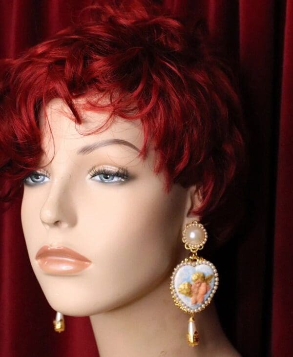 SOLD! 5112 Victorian Cupid Hand Painted Pearl Heart Earrings Studs - Image 5