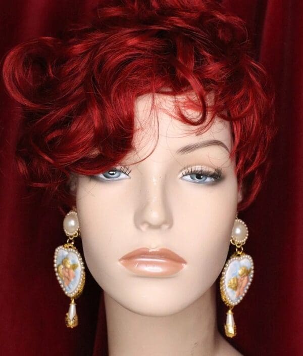 SOLD! 5112 Victorian Cupid Hand Painted Pearl Heart Earrings Studs - Image 6