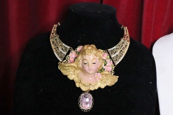 SOLD! 5115 Baroque Hand Painted Winged Huge Cherub Angel Necklace - Image 7