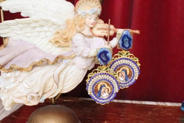 SOLD! 5116 Virgin Mary Madonna Blue Genuine Agate Rhinestone Earrings Studs - Image 2