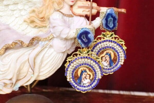 SOLD! 5116 Virgin Mary Madonna Blue Genuine Agate Rhinestone Earrings Studs
