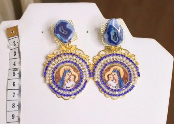 SOLD! 5116 Virgin Mary Madonna Blue Genuine Agate Rhinestone Earrings Studs - Image 3