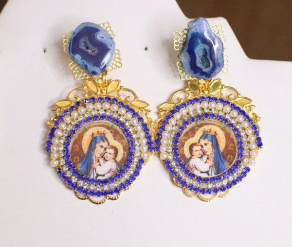 SOLD! 5116 Virgin Mary Madonna Blue Genuine Agate Rhinestone Earrings Studs - Image 4