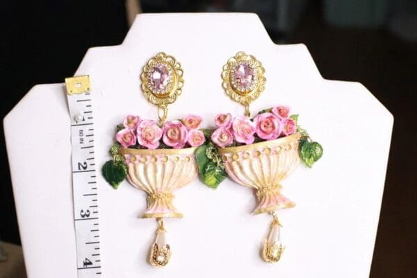 SOLD! 5127 Baroque Vase Roses Hand Painted Massive Earrings Studs - Image 5
