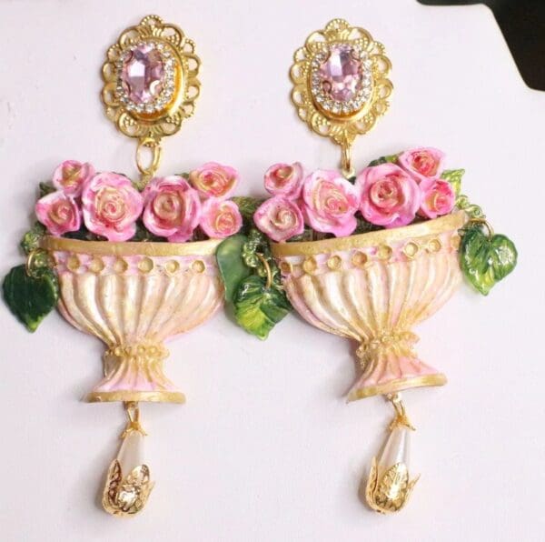 SOLD! 5127 Baroque Vase Roses Hand Painted Massive Earrings Studs - Image 6