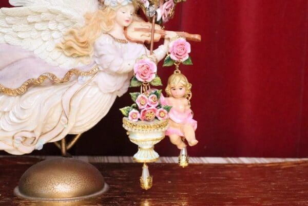 SOLD! 5128 Baroque Cherub Banner Vase Roses Hand Painted Irregular Massive Earrings Studs - Image 4