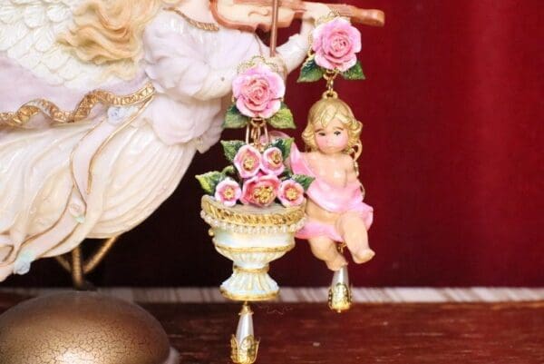 SOLD! 5128 Baroque Cherub Banner Vase Roses Hand Painted Irregular Massive Earrings Studs