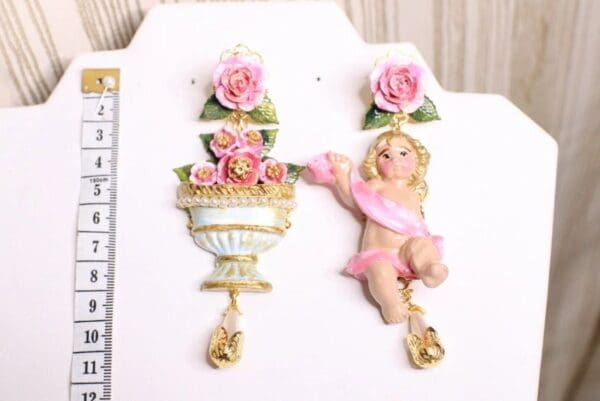 SOLD! 5128 Baroque Cherub Banner Vase Roses Hand Painted Irregular Massive Earrings Studs - Image 5