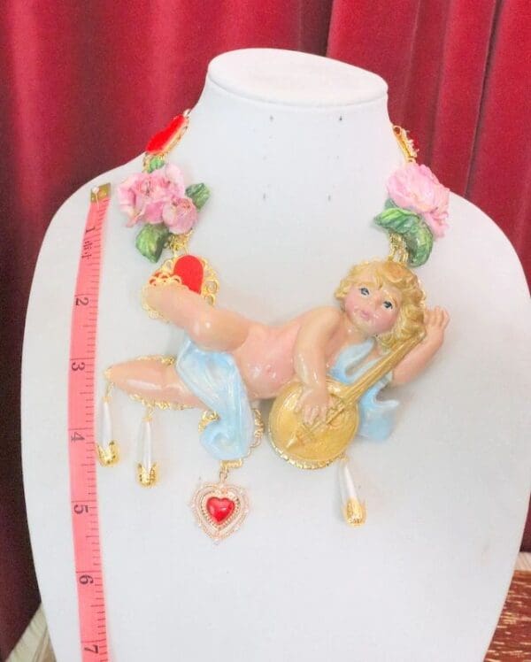 SOLD! 5130 Baroque Hand Painted Musical Cherub Angel Necklace - Image 4