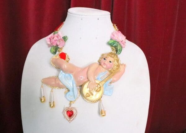 SOLD! 5130 Baroque Hand Painted Musical Cherub Angel Necklace - Image 5