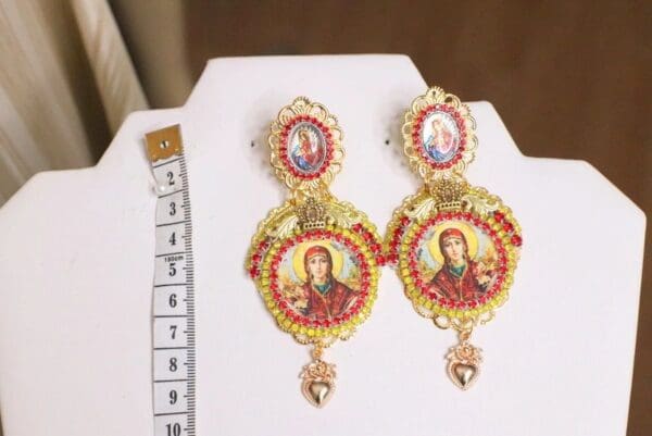 SOLD! 5153 Virgin Mary Madonna Cameo Red Rhinestone Earrings Studs - Image 2