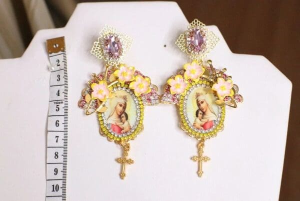 SOLD! 5154 Virgin Mary Madonna Cameo Orchids Earrings Studs - Image 3