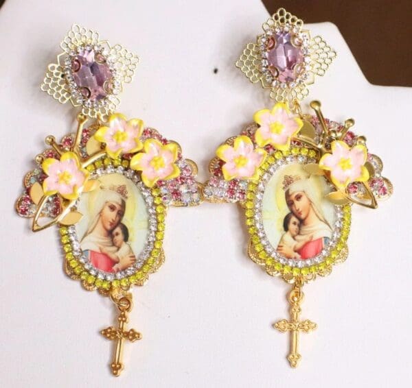 SOLD! 5154 Virgin Mary Madonna Cameo Orchids Earrings Studs - Image 4