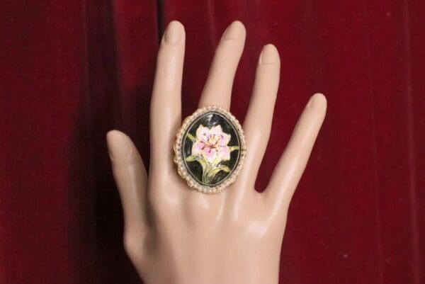 SOLD! Enamel Hand Painted Flower Pearl Cocktail Adjustable Ring - Image 3