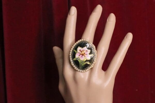 SOLD! Enamel Hand Painted Flower Pearl Cocktail Adjustable Ring - Image 2