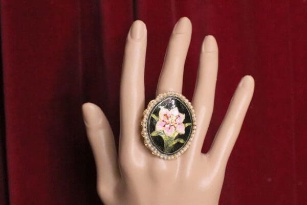 SOLD! Enamel Hand Painted Flower Pearl Cocktail Adjustable Ring - Image 4