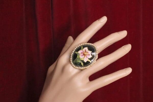 SOLD! Enamel Hand Painted Flower Pearl Cocktail Adjustable Ring - Image 5