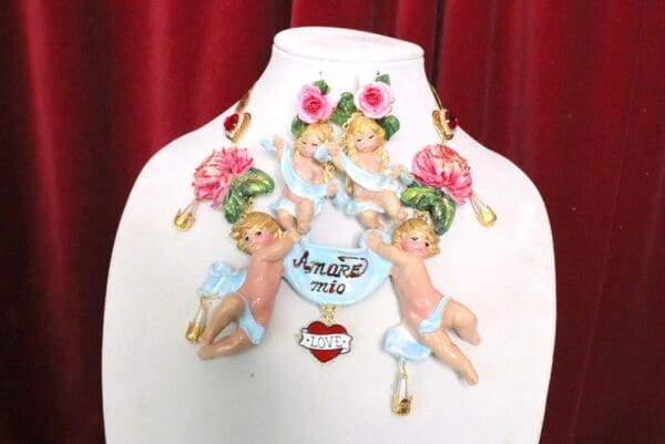 SOLD! 5156 Amore Mio Baroque Hand Painted Musical Cherubs Angels Roses Necklace - Image 4