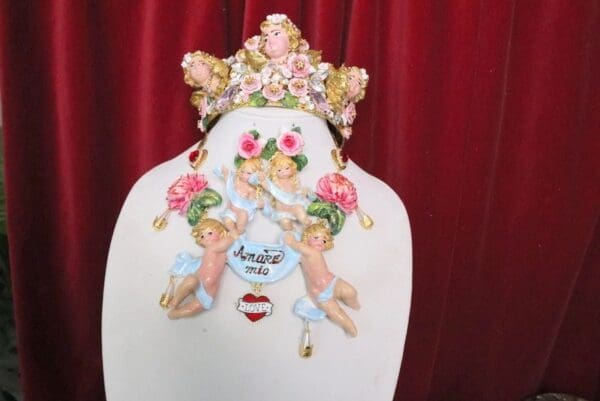 SOLD! 5156 Amore Mio Baroque Hand Painted Musical Cherubs Angels Roses Necklace - Image 5