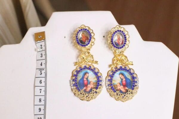 SOLD! 5169 Virgin Mary Madonna Cameo Doble Cameo Blue Earrings Studs - Image 2